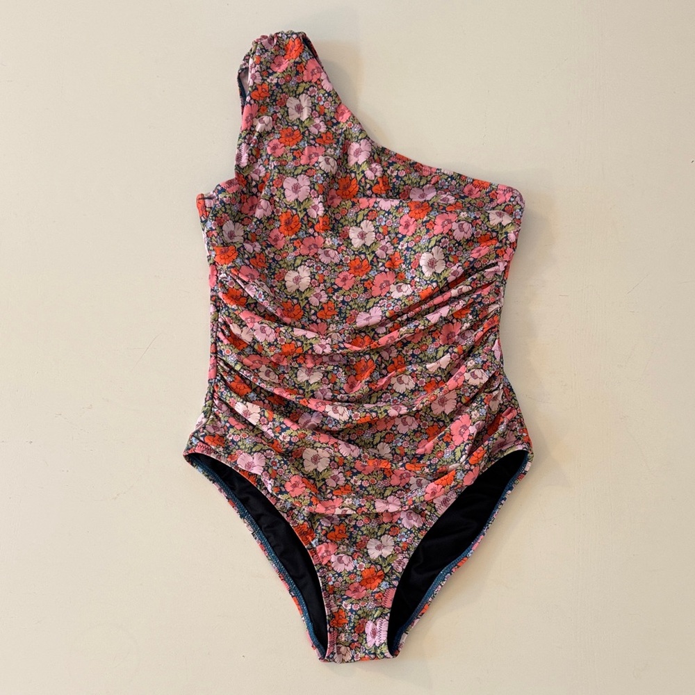 J. Crew Floral One-Shoulder Swimsuit - Pink and Orange
